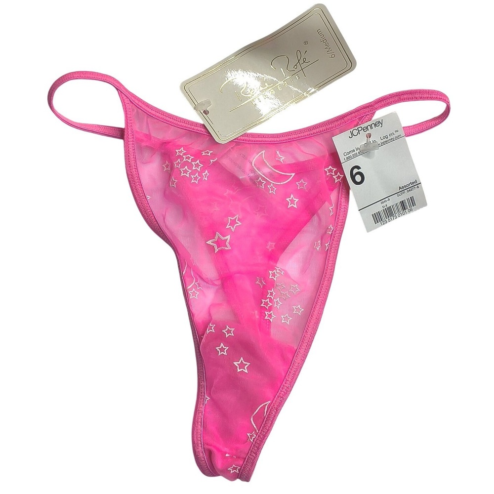 Y2K Rene Rofe Lingerie Thong Panty Women Medium 6 Pink Star Moon Mesh NWT
